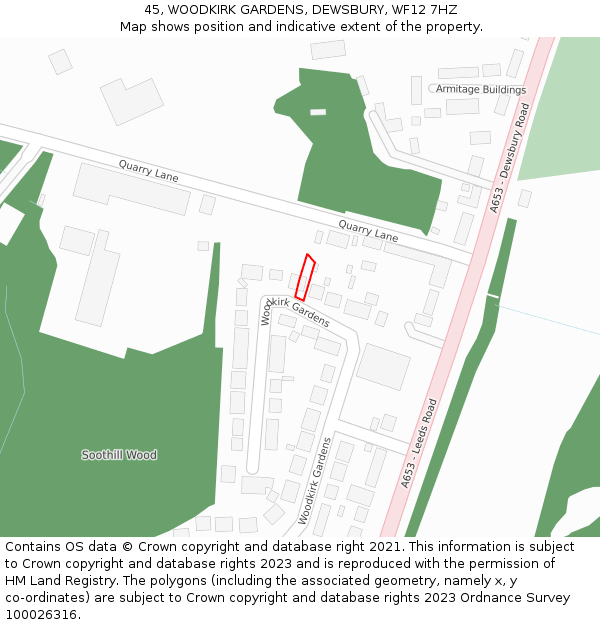 45, WOODKIRK GARDENS, DEWSBURY, WF12 7HZ: Location map and indicative extent of plot