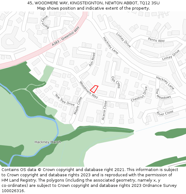 45, WOODMERE WAY, KINGSTEIGNTON, NEWTON ABBOT, TQ12 3SU: Location map and indicative extent of plot