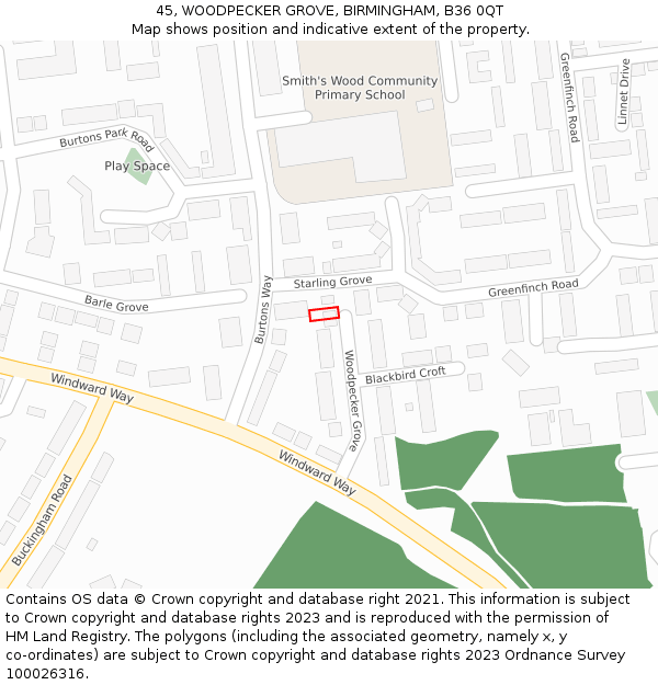 45, WOODPECKER GROVE, BIRMINGHAM, B36 0QT: Location map and indicative extent of plot