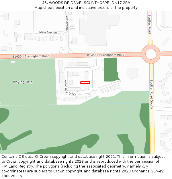 45, WOODSIDE DRIVE, SCUNTHORPE, DN17 2EA: Location map and indicative extent of plot