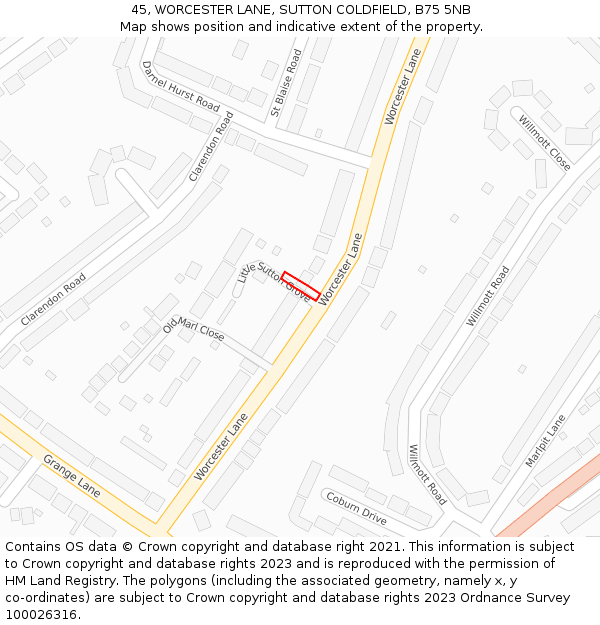 45, WORCESTER LANE, SUTTON COLDFIELD, B75 5NB: Location map and indicative extent of plot