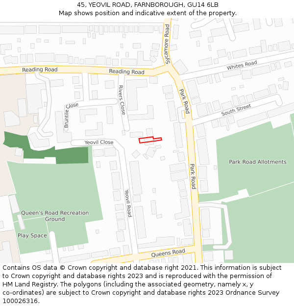 45, YEOVIL ROAD, FARNBOROUGH, GU14 6LB: Location map and indicative extent of plot