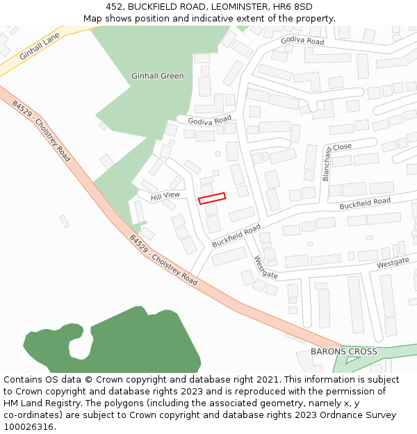 452, BUCKFIELD ROAD, LEOMINSTER, HR6 8SD: Location map and indicative extent of plot