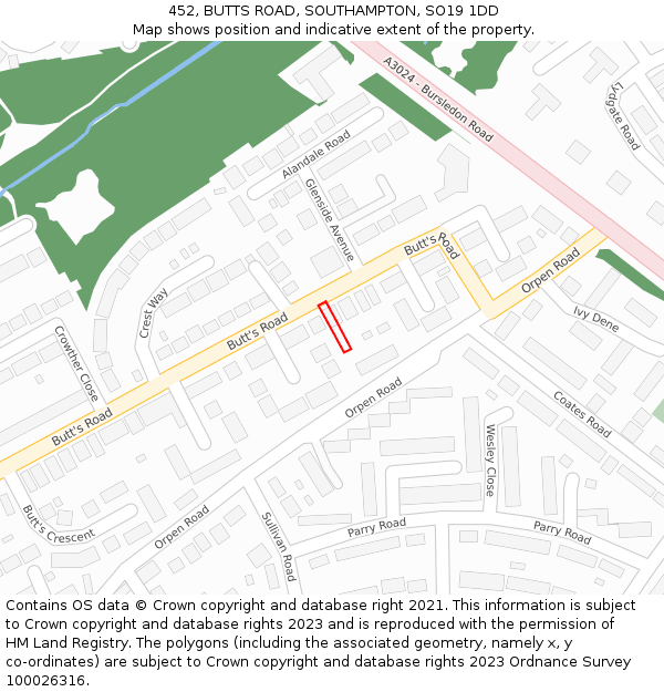 452, BUTTS ROAD, SOUTHAMPTON, SO19 1DD: Location map and indicative extent of plot