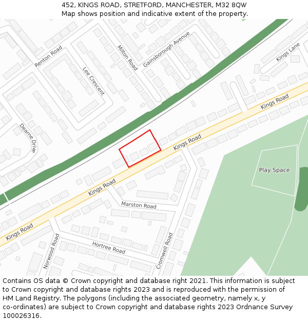 452, KINGS ROAD, STRETFORD, MANCHESTER, M32 8QW: Location map and indicative extent of plot