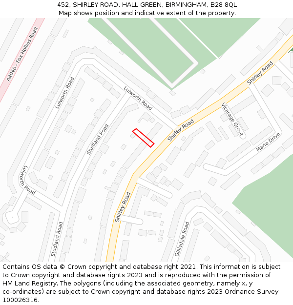 452, SHIRLEY ROAD, HALL GREEN, BIRMINGHAM, B28 8QL: Location map and indicative extent of plot