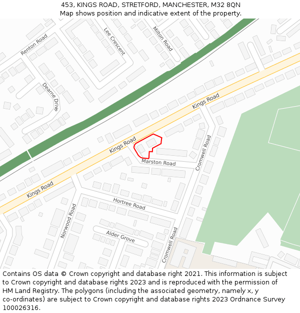 453, KINGS ROAD, STRETFORD, MANCHESTER, M32 8QN: Location map and indicative extent of plot