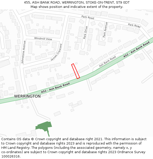 455, ASH BANK ROAD, WERRINGTON, STOKE-ON-TRENT, ST9 0DT: Location map and indicative extent of plot