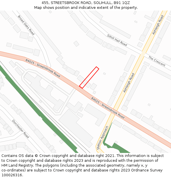 455, STREETSBROOK ROAD, SOLIHULL, B91 1QZ: Location map and indicative extent of plot