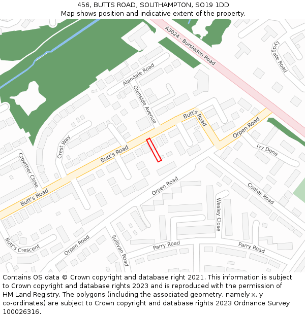 456, BUTTS ROAD, SOUTHAMPTON, SO19 1DD: Location map and indicative extent of plot