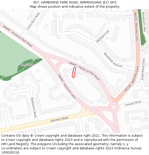 457, HARBORNE PARK ROAD, BIRMINGHAM, B17 0PS: Location map and indicative extent of plot