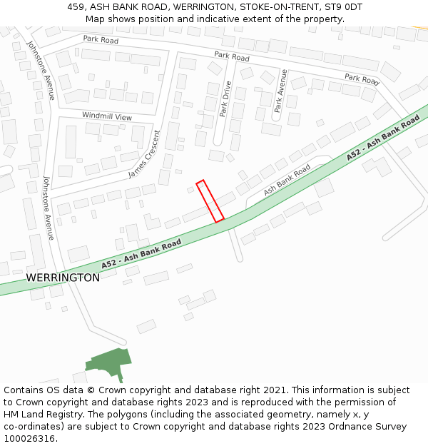 459, ASH BANK ROAD, WERRINGTON, STOKE-ON-TRENT, ST9 0DT: Location map and indicative extent of plot