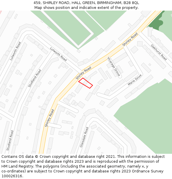 459, SHIRLEY ROAD, HALL GREEN, BIRMINGHAM, B28 8QL: Location map and indicative extent of plot