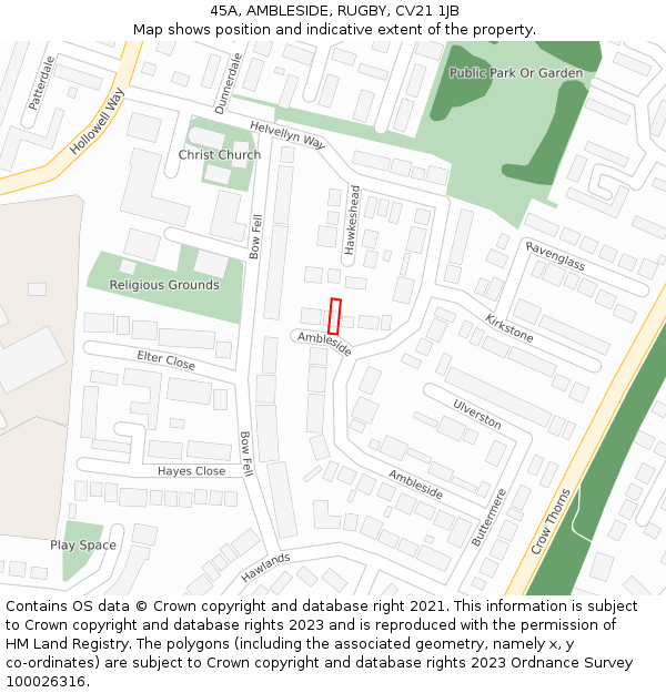 45A, AMBLESIDE, RUGBY, CV21 1JB: Location map and indicative extent of plot