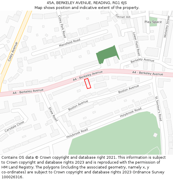 45A, BERKELEY AVENUE, READING, RG1 6JS: Location map and indicative extent of plot