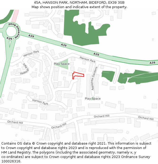 45A, HANSON PARK, NORTHAM, BIDEFORD, EX39 3SB: Location map and indicative extent of plot