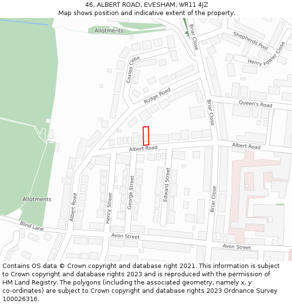 46, ALBERT ROAD, EVESHAM, WR11 4JZ: Location map and indicative extent of plot