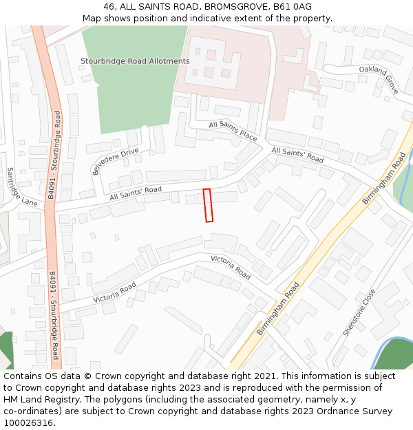 46, ALL SAINTS ROAD, BROMSGROVE, B61 0AG: Location map and indicative extent of plot