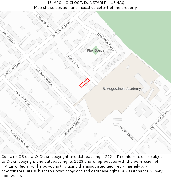 46, APOLLO CLOSE, DUNSTABLE, LU5 4AQ: Location map and indicative extent of plot