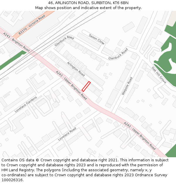 46, ARLINGTON ROAD, SURBITON, KT6 6BN: Location map and indicative extent of plot