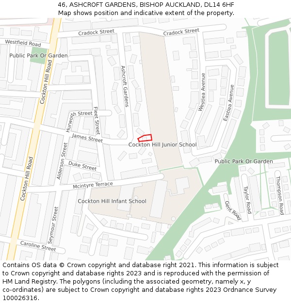 46, ASHCROFT GARDENS, BISHOP AUCKLAND, DL14 6HF: Location map and indicative extent of plot
