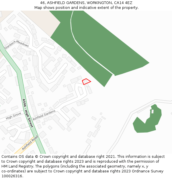 46, ASHFIELD GARDENS, WORKINGTON, CA14 4EZ: Location map and indicative extent of plot