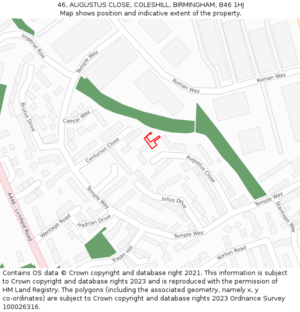 46, AUGUSTUS CLOSE, COLESHILL, BIRMINGHAM, B46 1HJ: Location map and indicative extent of plot