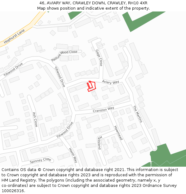 46, AVIARY WAY, CRAWLEY DOWN, CRAWLEY, RH10 4XR: Location map and indicative extent of plot