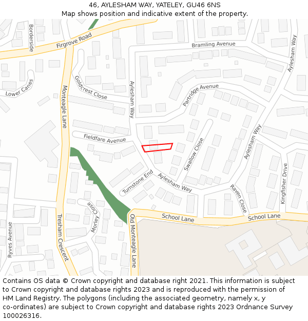46, AYLESHAM WAY, YATELEY, GU46 6NS: Location map and indicative extent of plot