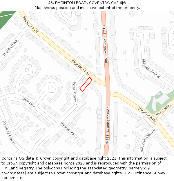 46, BAGINTON ROAD, COVENTRY, CV3 6JW: Location map and indicative extent of plot