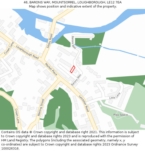 46, BARONS WAY, MOUNTSORREL, LOUGHBOROUGH, LE12 7EA: Location map and indicative extent of plot
