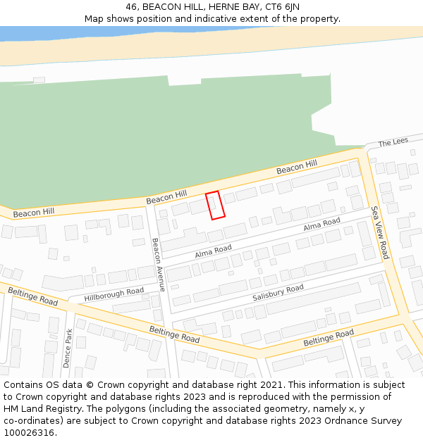 46, BEACON HILL, HERNE BAY, CT6 6JN: Location map and indicative extent of plot