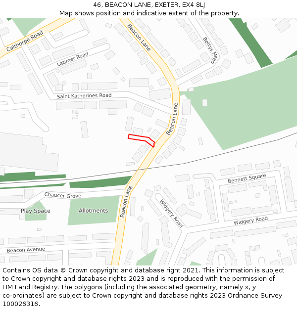 46, BEACON LANE, EXETER, EX4 8LJ: Location map and indicative extent of plot