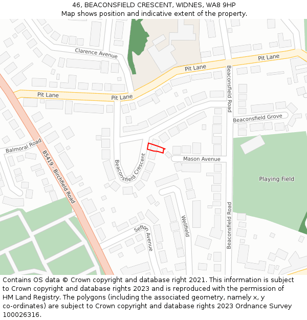 46, BEACONSFIELD CRESCENT, WIDNES, WA8 9HP: Location map and indicative extent of plot