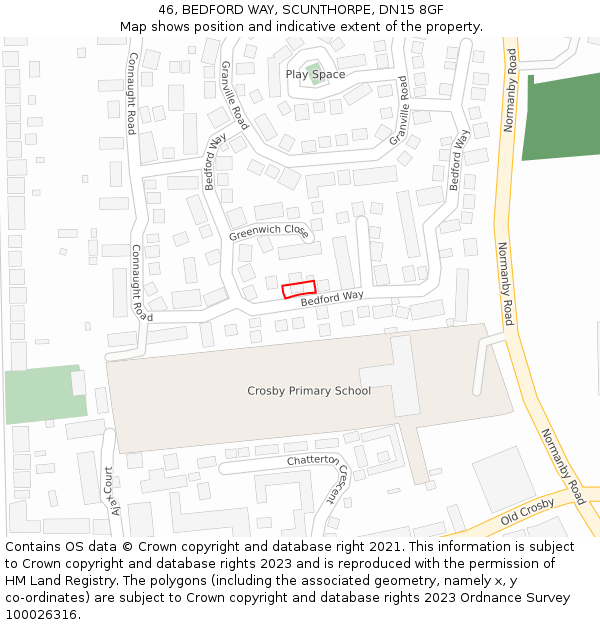 46, BEDFORD WAY, SCUNTHORPE, DN15 8GF: Location map and indicative extent of plot