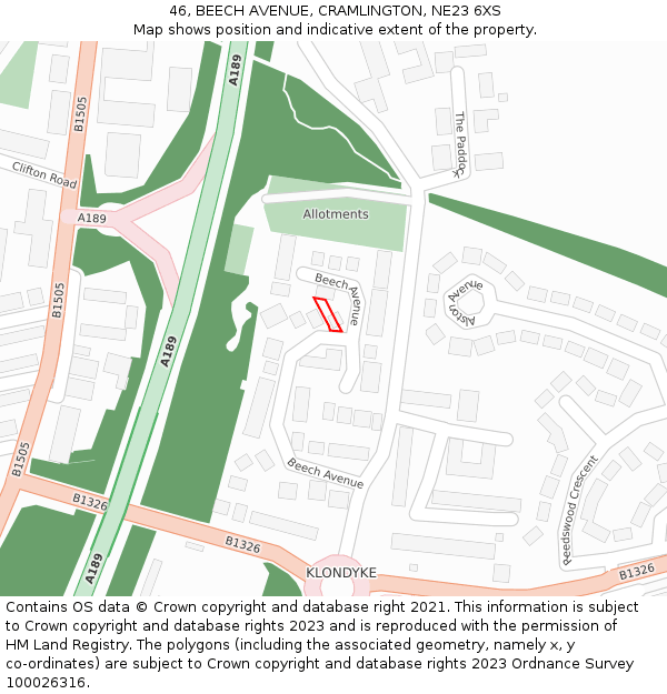 46, BEECH AVENUE, CRAMLINGTON, NE23 6XS: Location map and indicative extent of plot