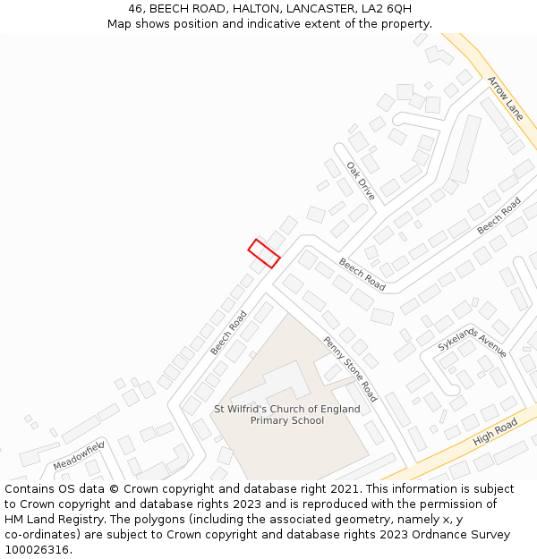 46, BEECH ROAD, HALTON, LANCASTER, LA2 6QH: Location map and indicative extent of plot