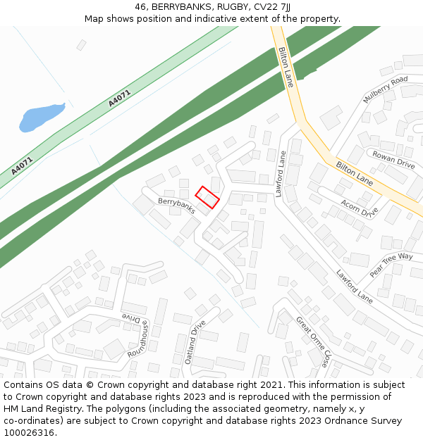 46, BERRYBANKS, RUGBY, CV22 7JJ: Location map and indicative extent of plot
