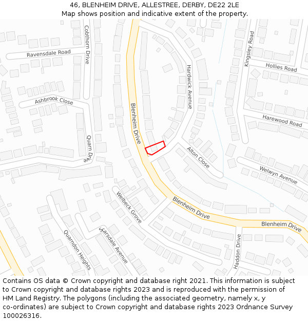 46, BLENHEIM DRIVE, ALLESTREE, DERBY, DE22 2LE: Location map and indicative extent of plot