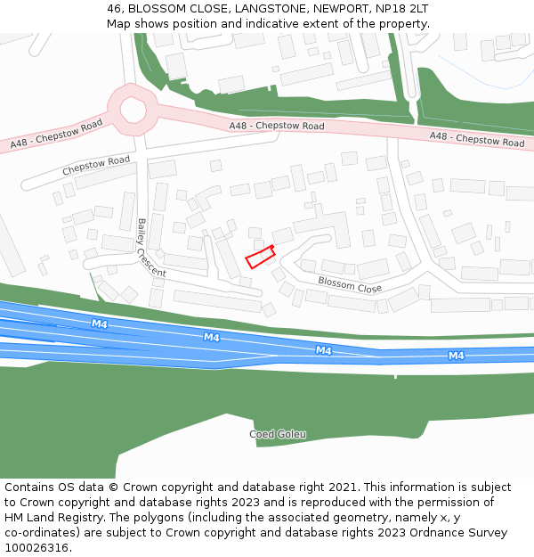 46, BLOSSOM CLOSE, LANGSTONE, NEWPORT, NP18 2LT: Location map and indicative extent of plot