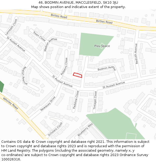 46, BODMIN AVENUE, MACCLESFIELD, SK10 3JU: Location map and indicative extent of plot