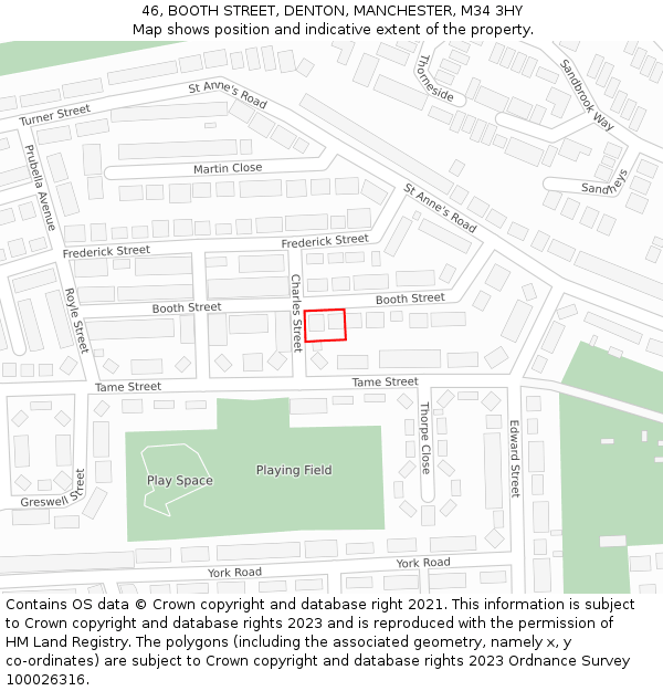 46, BOOTH STREET, DENTON, MANCHESTER, M34 3HY: Location map and indicative extent of plot