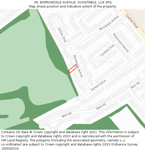 46, BORROWDALE AVENUE, DUNSTABLE, LU6 3PQ: Location map and indicative extent of plot