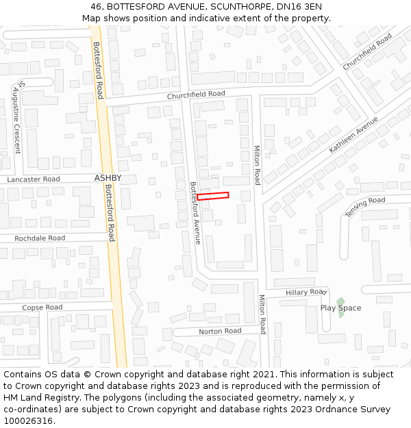 46, BOTTESFORD AVENUE, SCUNTHORPE, DN16 3EN: Location map and indicative extent of plot