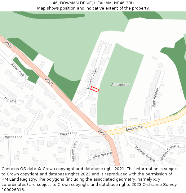 46, BOWMAN DRIVE, HEXHAM, NE46 3BU: Location map and indicative extent of plot