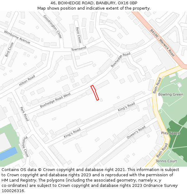 46, BOXHEDGE ROAD, BANBURY, OX16 0BP: Location map and indicative extent of plot