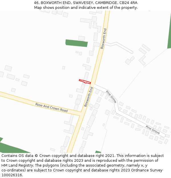 46, BOXWORTH END, SWAVESEY, CAMBRIDGE, CB24 4RA: Location map and indicative extent of plot