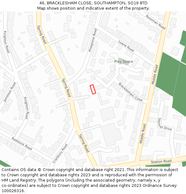 46, BRACKLESHAM CLOSE, SOUTHAMPTON, SO19 8TD: Location map and indicative extent of plot