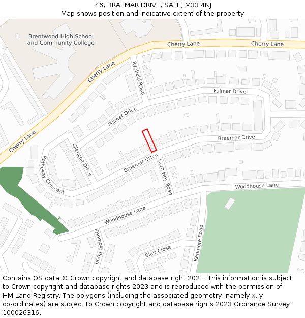 46, BRAEMAR DRIVE, SALE, M33 4NJ: Location map and indicative extent of plot