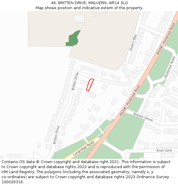 46, BRITTEN DRIVE, MALVERN, WR14 3LG: Location map and indicative extent of plot